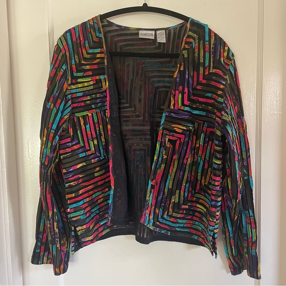Chico’s 1990s Vintage Semi-Sheer Multicolor Geo Print Shacket